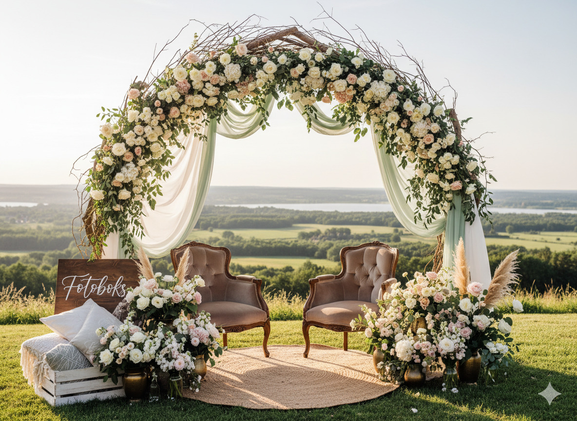 Bryllupsbue og fotosone med blomster